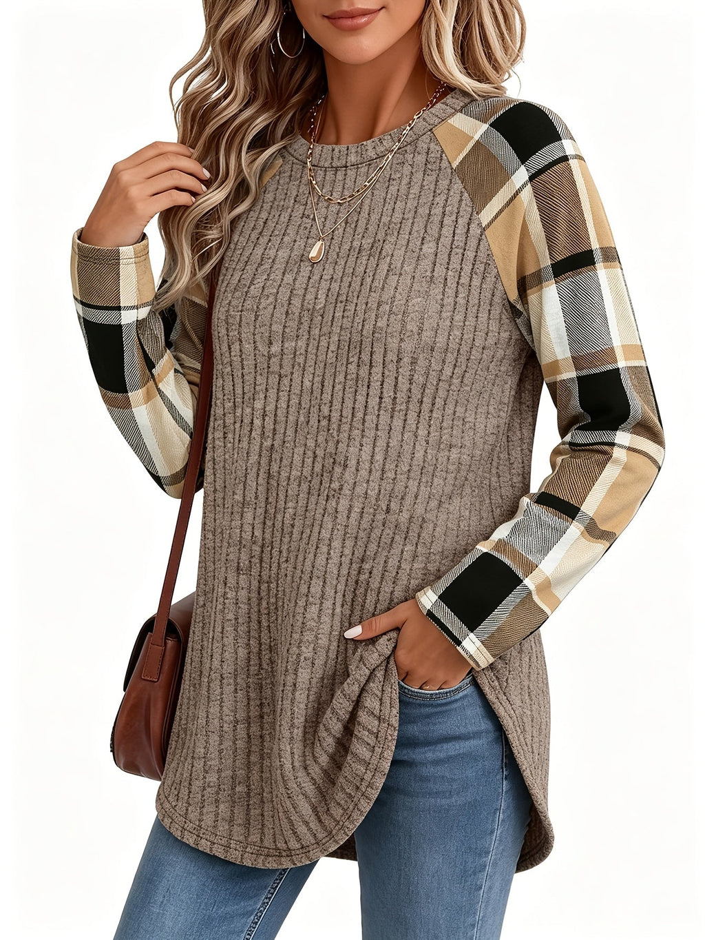Ribbed Raglan Top Beige Plaid Long-Sleeve Women's – Casual, Office, Holiday, Gift