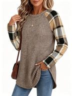 Ribbed Raglan Top Beige Plaid Long-Sleeve Women's – Casual, Office, Holiday, Gift