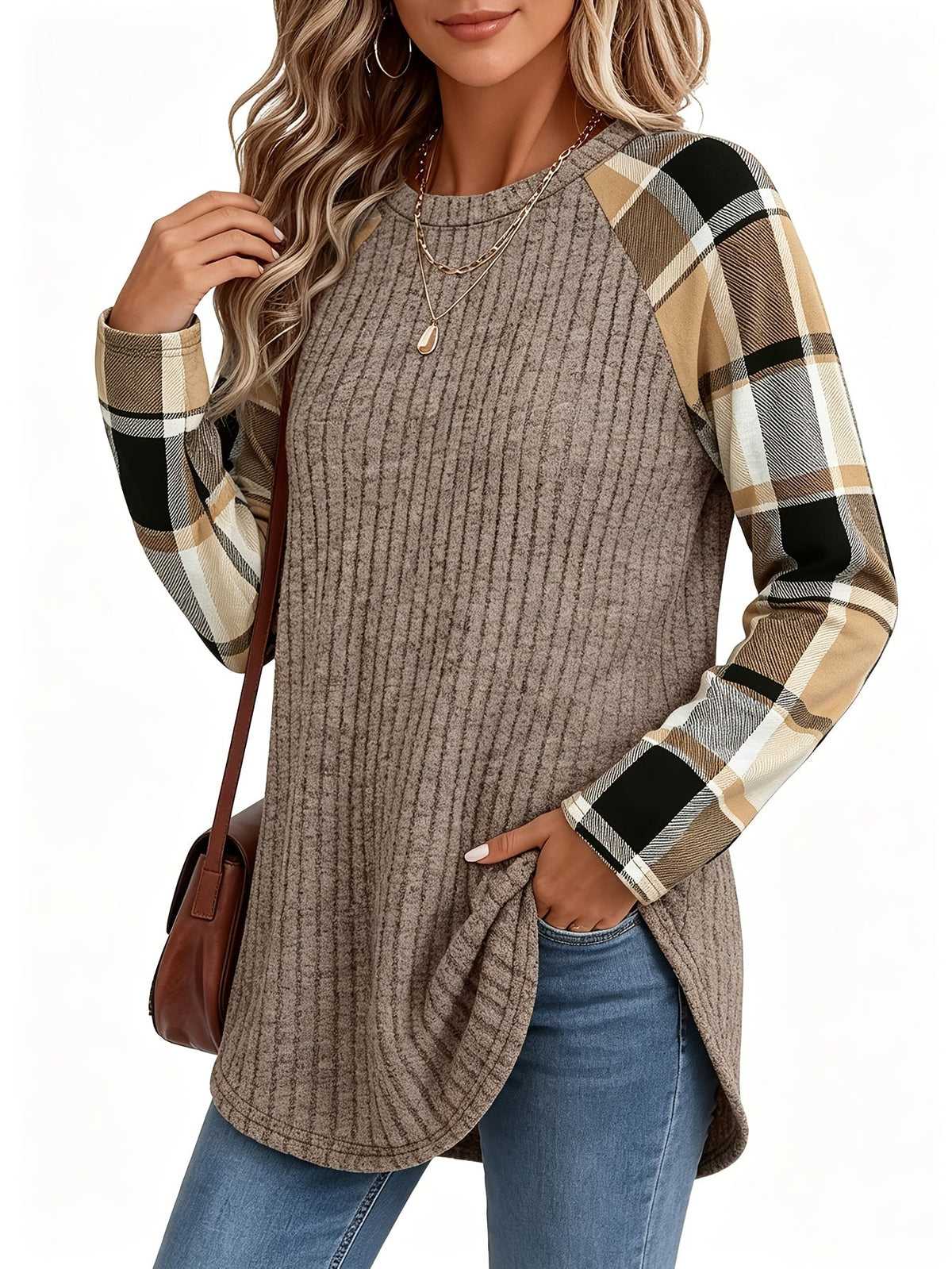 Ribbed Raglan Top Beige Plaid Long-Sleeve Women's – Casual, Office, Holiday, Gift