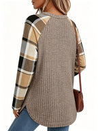 Ribbed Raglan Top Beige Plaid Long-Sleeve Women's – Casual, Office, Holiday, Gift