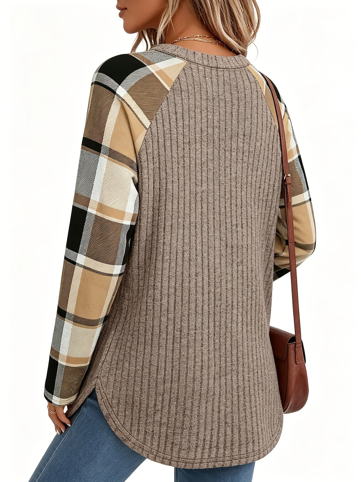 Ribbed Raglan Top Beige Plaid Long-Sleeve Women's – Casual, Office, Holiday, Gift