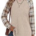 Ribbed Raglan Top Beige Plaid Long-Sleeve Women's – Casual, Office, Holiday, Gift