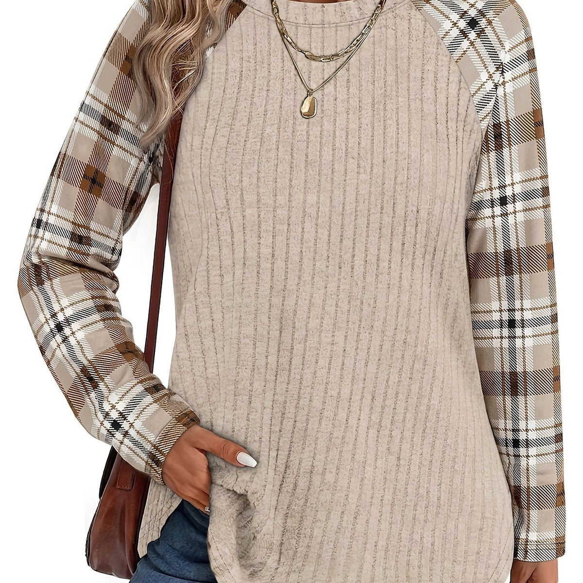 Ribbed Raglan Top Beige Plaid Long-Sleeve Women's – Casual, Office, Holiday, Gift