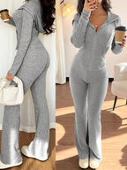 Ribbed Two-Piece Set Zip-Up Hooded Top Wide-Leg Trousers Women's – Casual, Loungewear