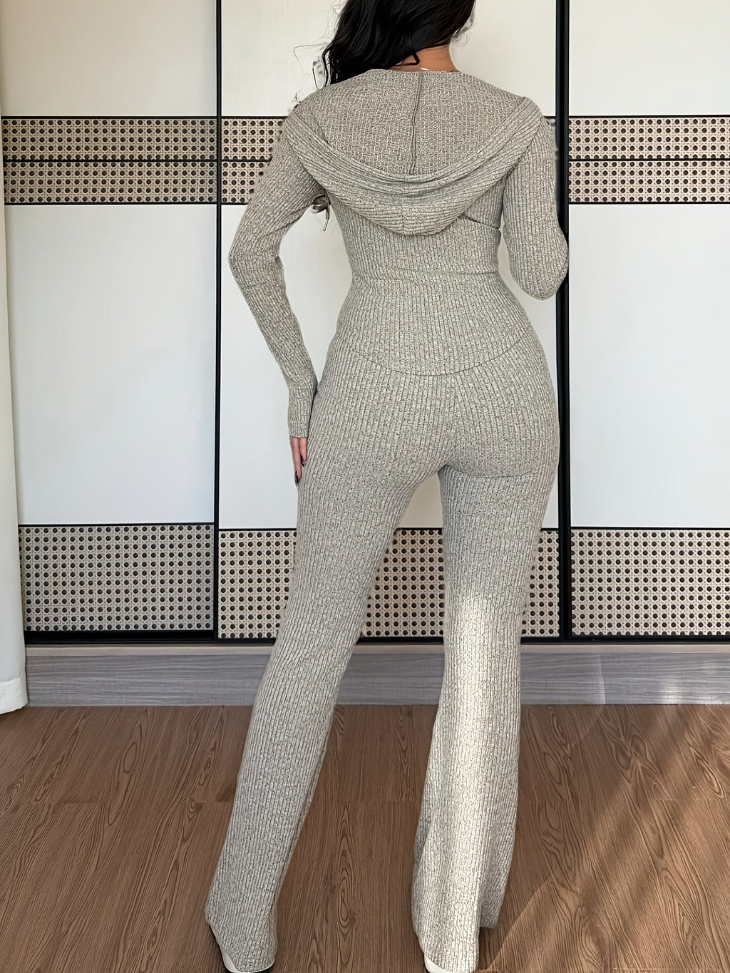 Ribbed Two-Piece Set Zip-Up Hooded Top Wide-Leg Trousers Women's – Casual, Loungewear