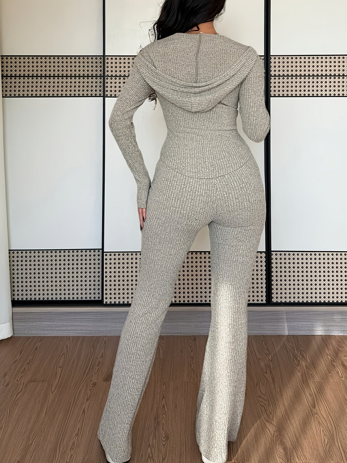 Ribbed Two-Piece Set Zip-Up Hooded Top Wide-Leg Trousers Women's – Casual, Loungewear