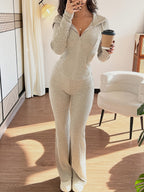 Ribbed Two-Piece Set Zip-Up Hooded Top Wide-Leg Trousers Women's – Casual, Loungewear