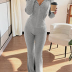 Ribbed Two-Piece Set Zip-Up Hooded Top Wide-Leg Trousers Women's – Casual, Loungewear