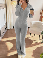Ribbed Two-Piece Set Zip-Up Hooded Top Wide-Leg Trousers Women's – Casual, Loungewear