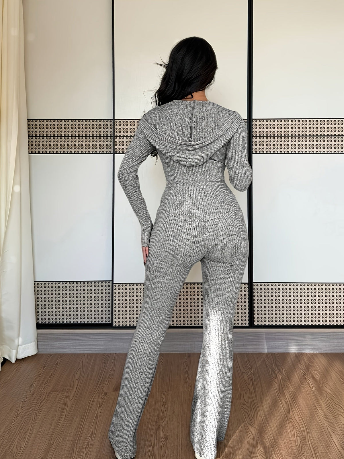 Ribbed Two-Piece Set Zip-Up Hooded Top Wide-Leg Trousers Women's – Casual, Loungewear