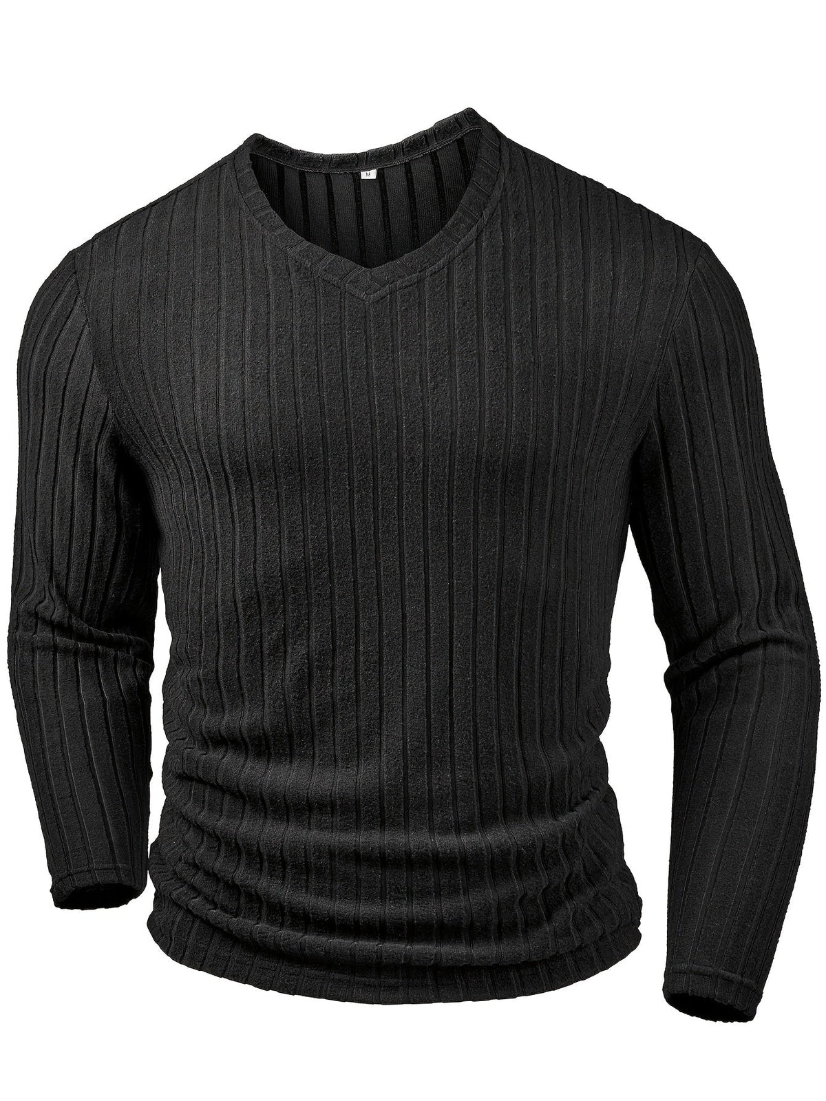Ribbed V-Neck Jumper Long Sleeve Men's Knitted Top Black – Casual, Office, Holiday, Gift