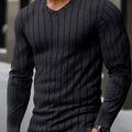 Ribbed V-Neck Jumper Long Sleeve Men's Knitted Top Black – Casual, Office, Holiday, Gift
