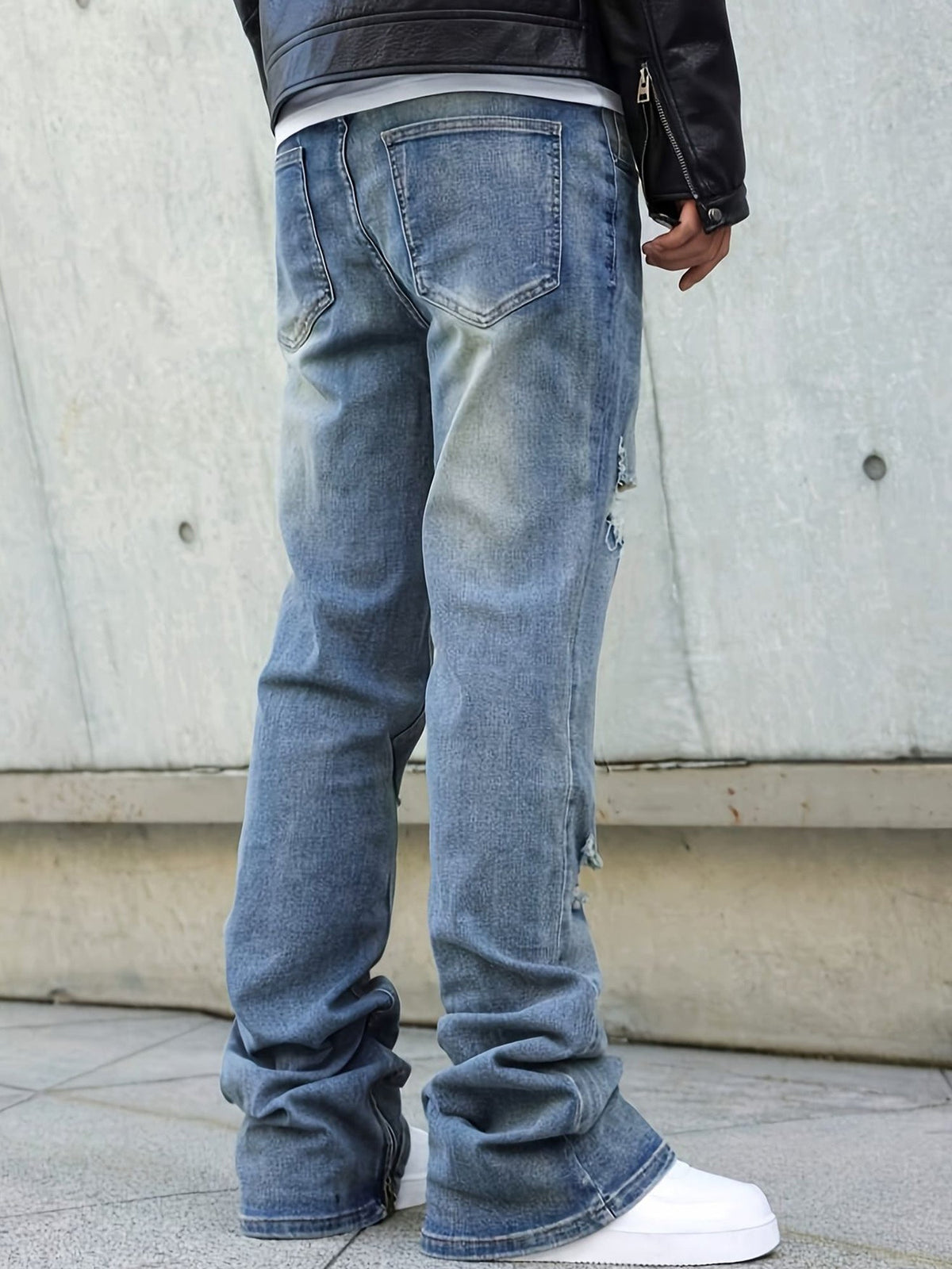 Ripped Jeans Relaxed Straight-Leg Denim Men's Zip-Hem Distressed Blue Wash – Casual, Streetwear