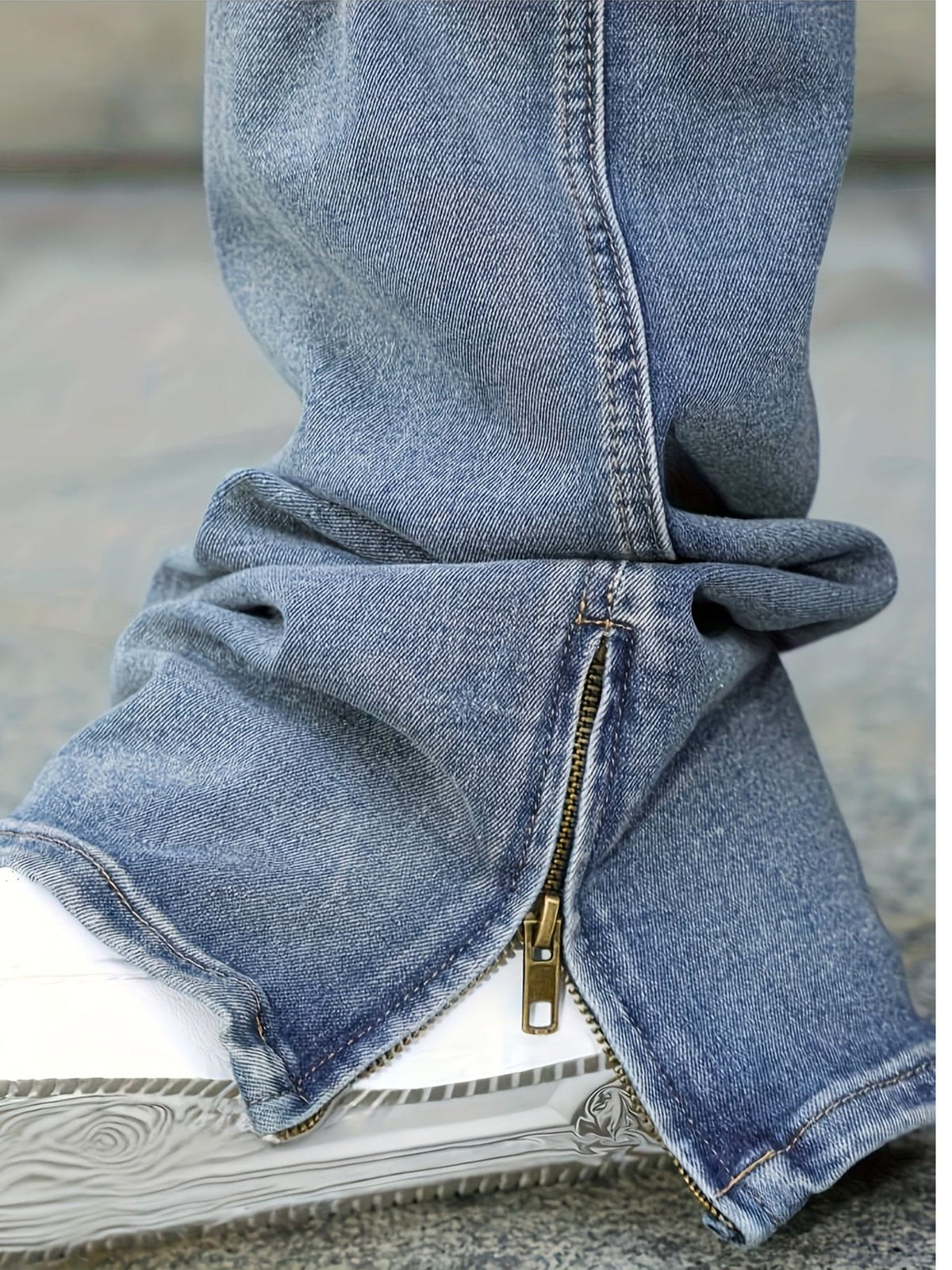 Ripped Jeans Relaxed Straight-Leg Denim Men's Zip-Hem Distressed Blue Wash – Casual, Streetwear