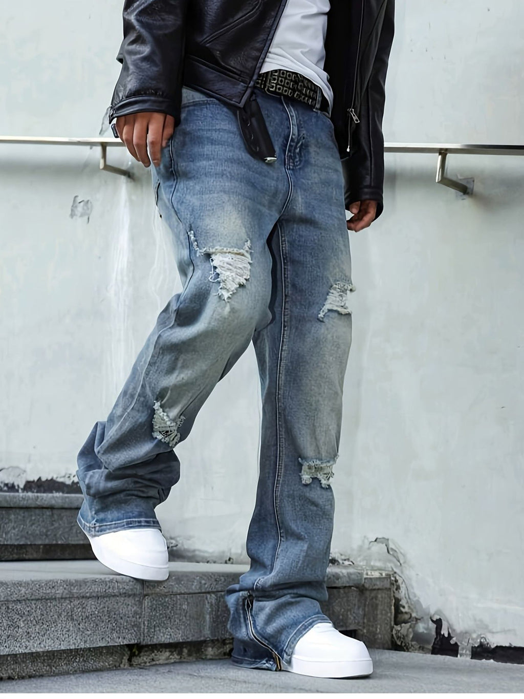 Ripped Jeans Relaxed Straight-Leg Denim Men's Zip-Hem Distressed Blue Wash – Casual, Streetwear