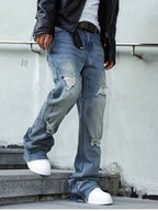 Ripped Jeans Relaxed Straight-Leg Denim Men's Zip-Hem Distressed Blue Wash – Casual, Streetwear
