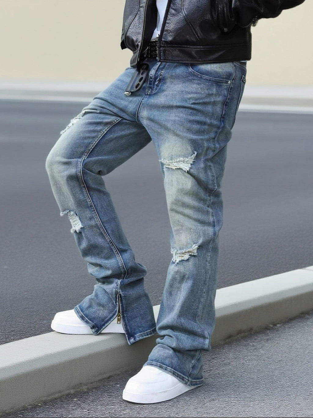 Ripped Jeans Relaxed Straight-Leg Denim Men's Zip-Hem Distressed Blue Wash – Casual, Streetwear