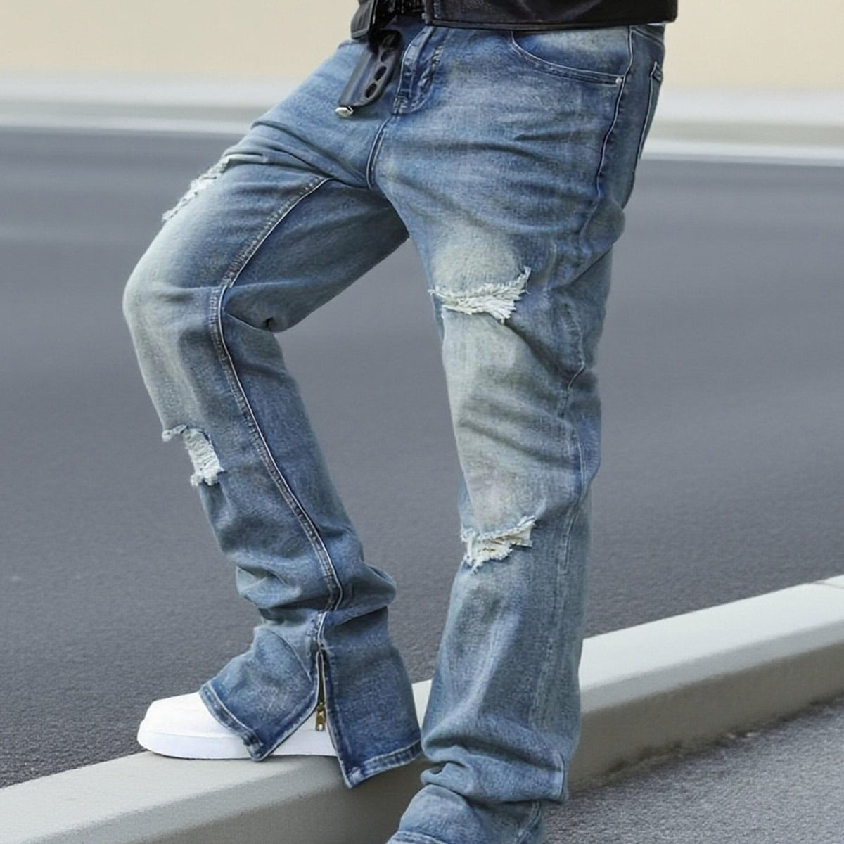 Ripped Jeans Relaxed Straight-Leg Denim Men's Zip-Hem Distressed Blue Wash – Casual, Streetwear