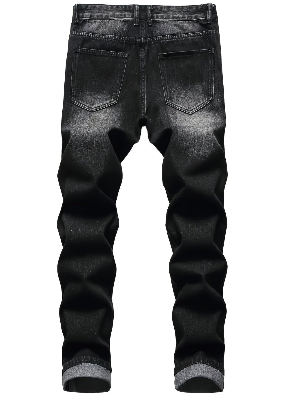 Ripped Jeans Straight-Leg Black Denim Men's Distressed Trousers – Casual, Streetwear
