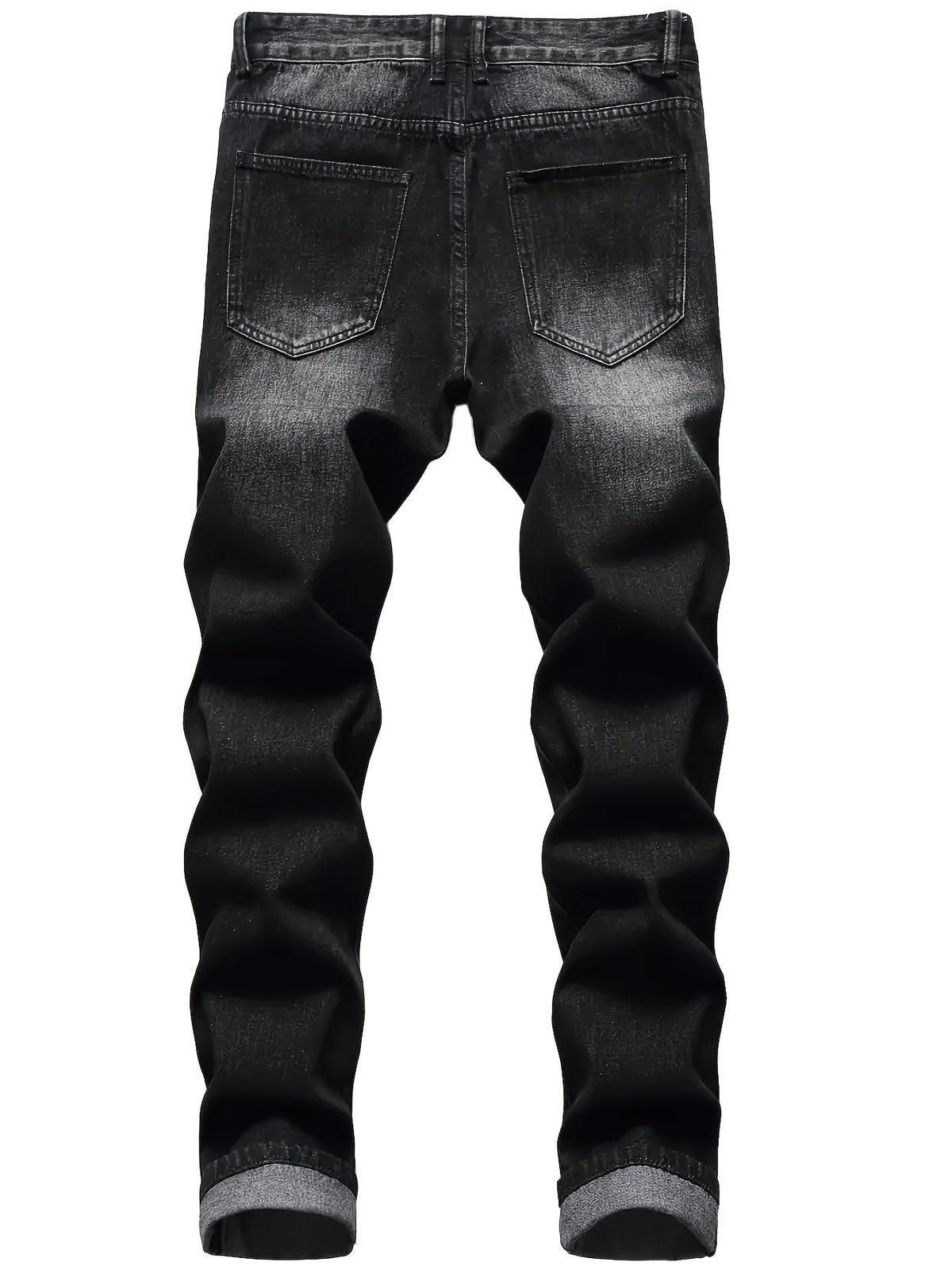 Ripped Jeans Straight-Leg Black Denim Men's Distressed Trousers – Casual, Streetwear