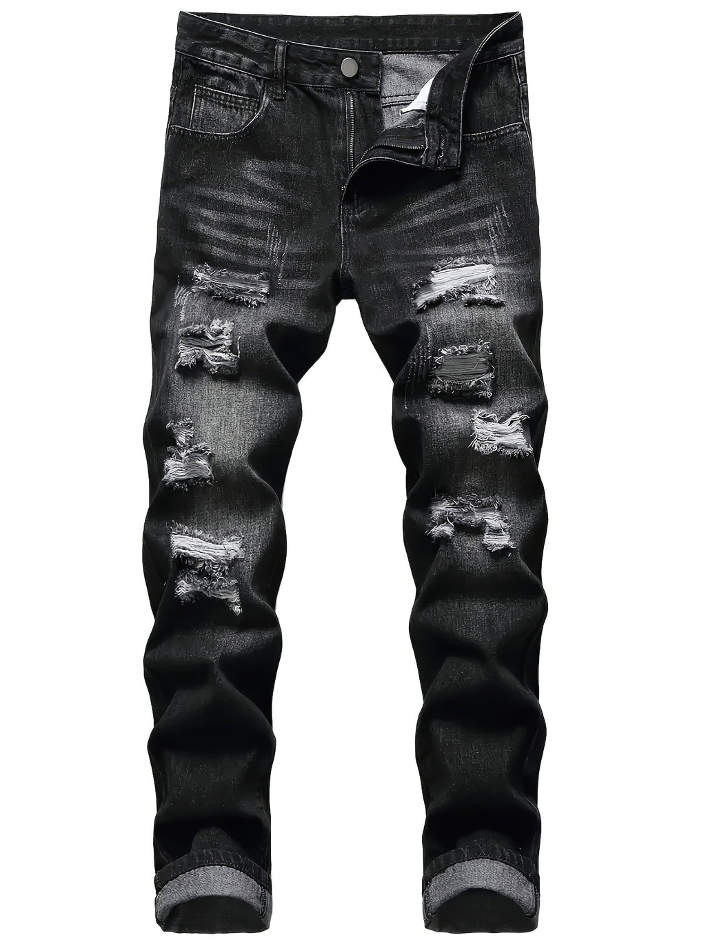 Ripped Jeans Straight-Leg Black Denim Men's Distressed Trousers – Casual, Streetwear