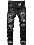 Ripped Jeans Straight-Leg Black Denim Men's Distressed Trousers – Casual, Streetwear