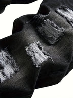 Ripped Jeans Straight-Leg Black Denim Men's Distressed Trousers – Casual, Streetwear
