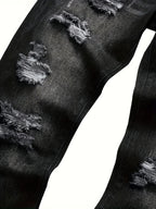Ripped Jeans Straight-Leg Black Denim Men's Distressed Trousers – Casual, Streetwear
