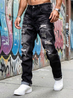 Ripped Jeans Straight-Leg Black Denim Men's Distressed Trousers – Casual, Streetwear