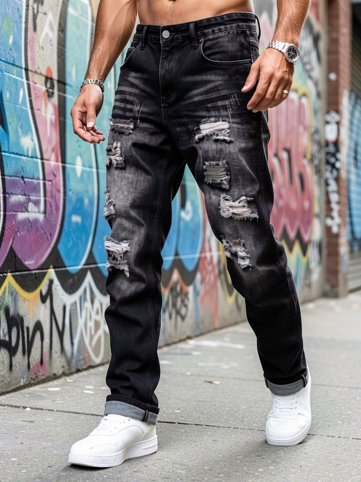 Ripped Jeans Straight-Leg Black Denim Men's Distressed Trousers – Casual, Streetwear