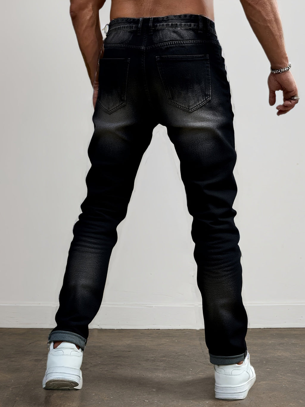 Ripped Jeans Straight-Leg Black Denim Men's Distressed Trousers – Casual, Streetwear
