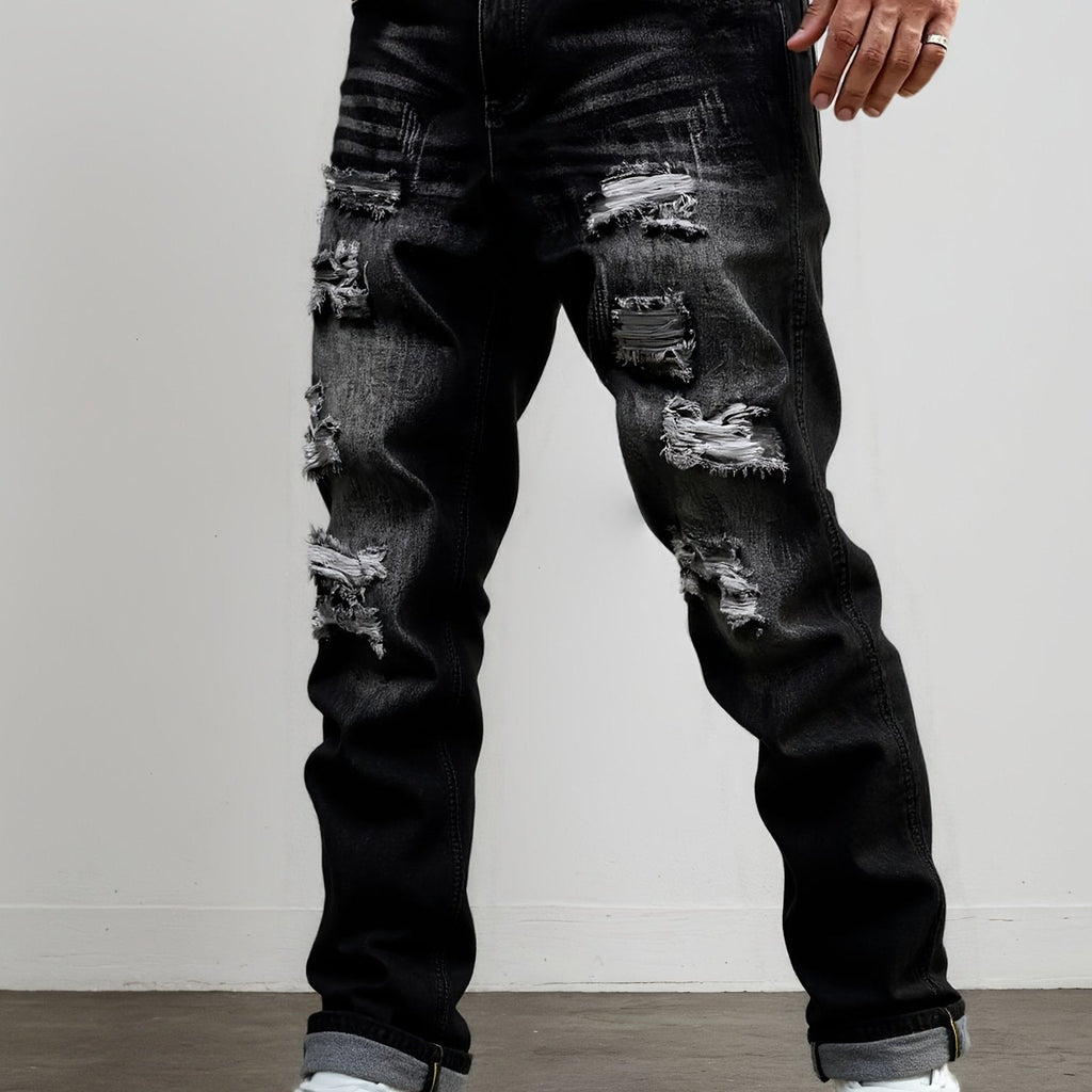 Ripped Jeans Straight-Leg Black Denim Men's Distressed Trousers – Casual, Streetwear