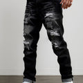 Ripped Jeans Straight-Leg Black Denim Men's Distressed Trousers – Casual, Streetwear
