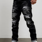 Ripped Jeans Straight-Leg Black Denim Men's Distressed Trousers – Casual, Streetwear