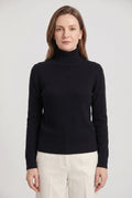 Roll Neck Jumper Knit Black Women's Ribbed Trim Long Sleeve – Casual, Office · Werune