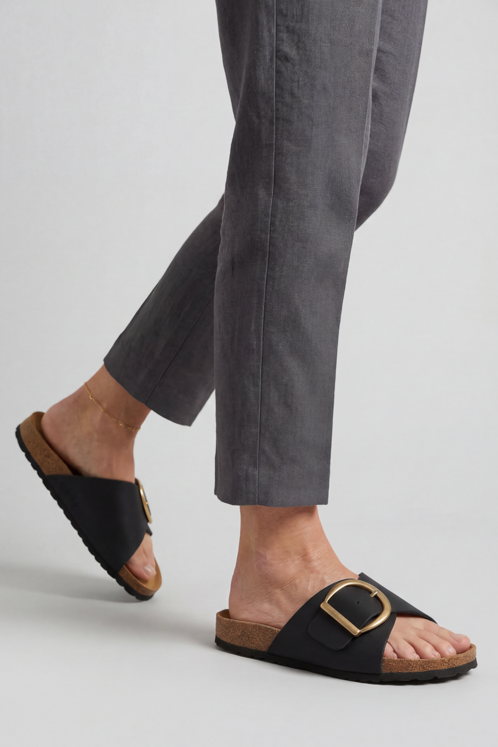 Sandals Black Buckle Strap Women's Cork Footbed Slides – Casual, Holiday, Everyday Comfort