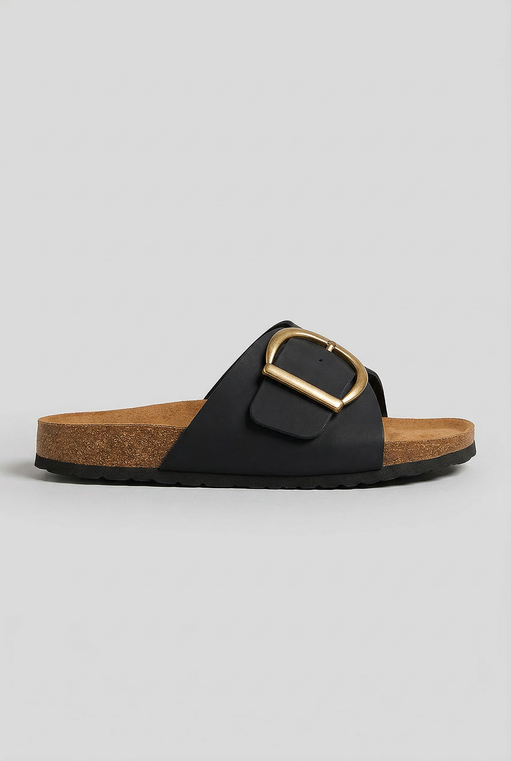 Sandals Black Buckle Strap Women's Cork Footbed Slides – Casual, Holiday, Everyday Comfort