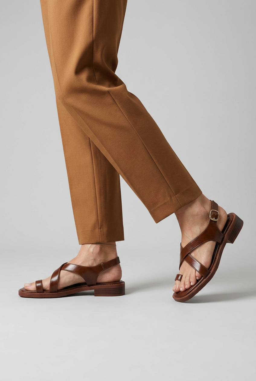 Sandals Women's Brown Faux Leather Cross Strap Flat Toe Ring – Casual, Holiday · Werune
