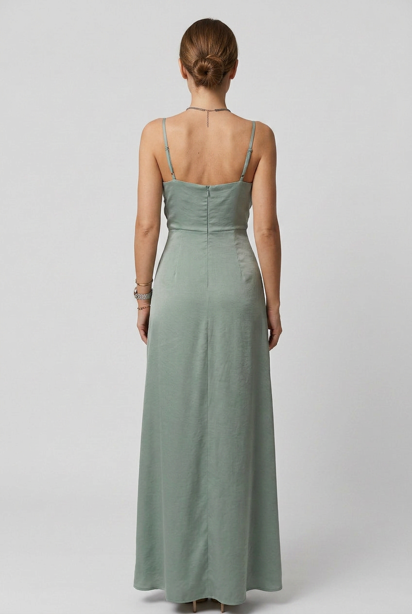 Satin Maxi Dress Sage Green Women's V-Neck High Slit Slip Gown – Wedding, Evening, Formal, Gift