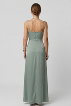 Satin Maxi Dress Sage Green Women's V-Neck High Slit Slip Gown – Wedding, Evening, Formal, Gift