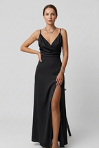 Satin Maxi Dress Sage Green Women's V-Neck High Slit Slip Gown – Wedding, Evening, Formal, Gift