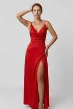 Satin Maxi Dress Sage Green Women's V-Neck High Slit Slip Gown – Wedding, Evening, Formal, Gift