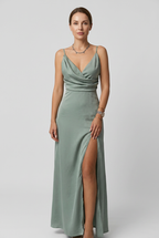 Satin Maxi Dress Sage Green Women's V-Neck High Slit Slip Gown – Wedding, Evening, Formal, Gift