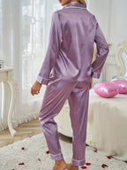 Satin Pyjama Set Long Sleeve Women's Purple Button-Up Lounge Set – Sleepwear, Gift