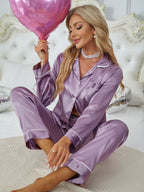 Satin Pyjama Set Long Sleeve Women's Purple Button-Up Lounge Set – Sleepwear, Gift