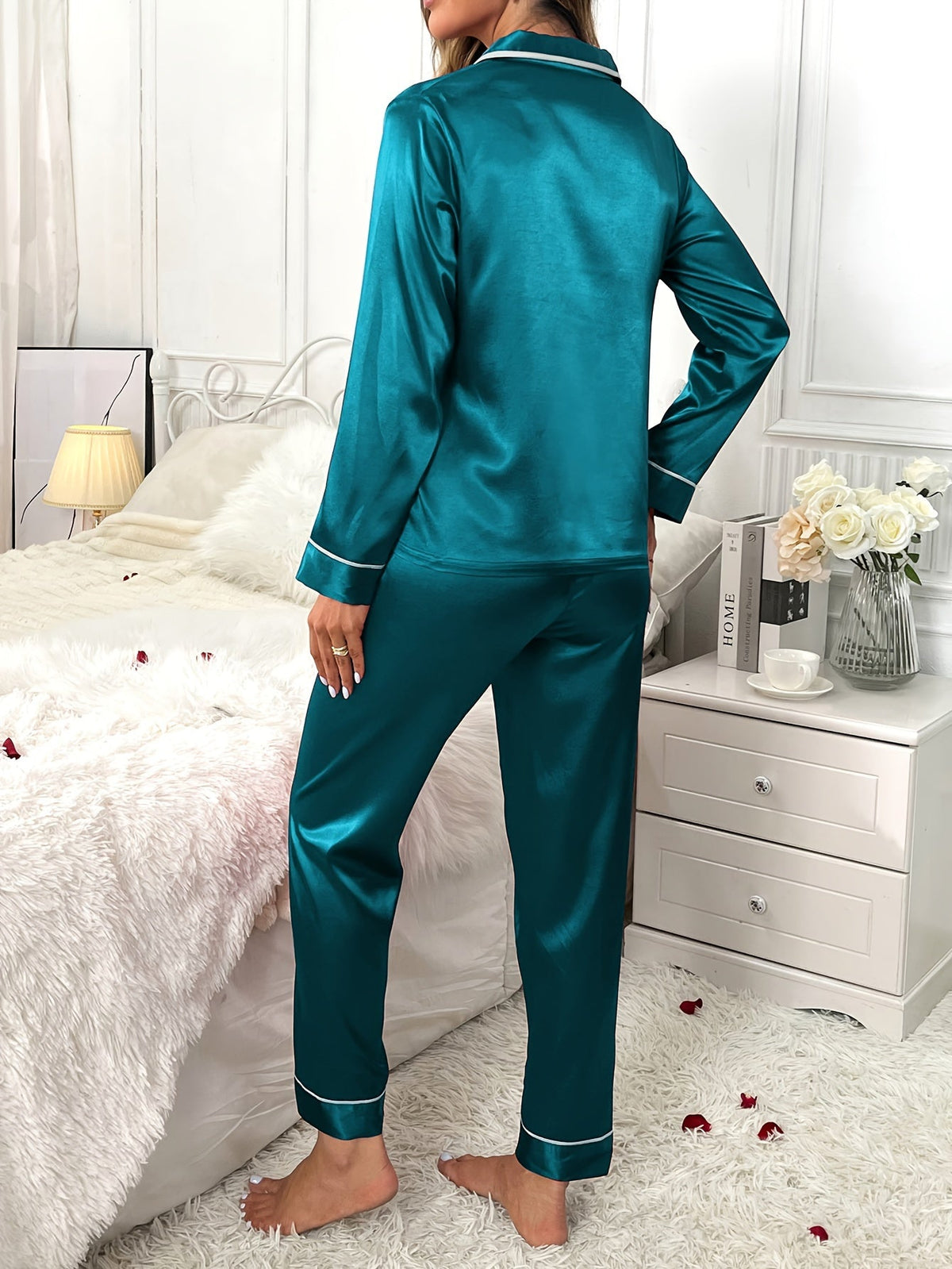 Satin Pyjama Set Long Sleeve Women's Purple Button-Up Lounge Set – Sleepwear, Gift