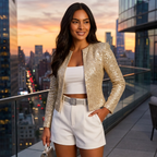 Sequin Blazer Women's Silver Cropped Open Front Jacket – Party, Office, Evening, Gift