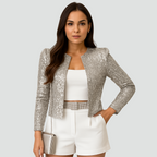 Sequin Blazer Women's Silver Cropped Open Front Jacket – Party, Office, Evening, Gift