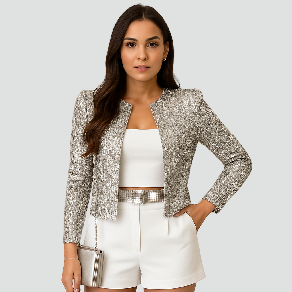 Sequin Blazer Women's Silver Cropped Open Front Jacket – Party, Office, Evening, Gift