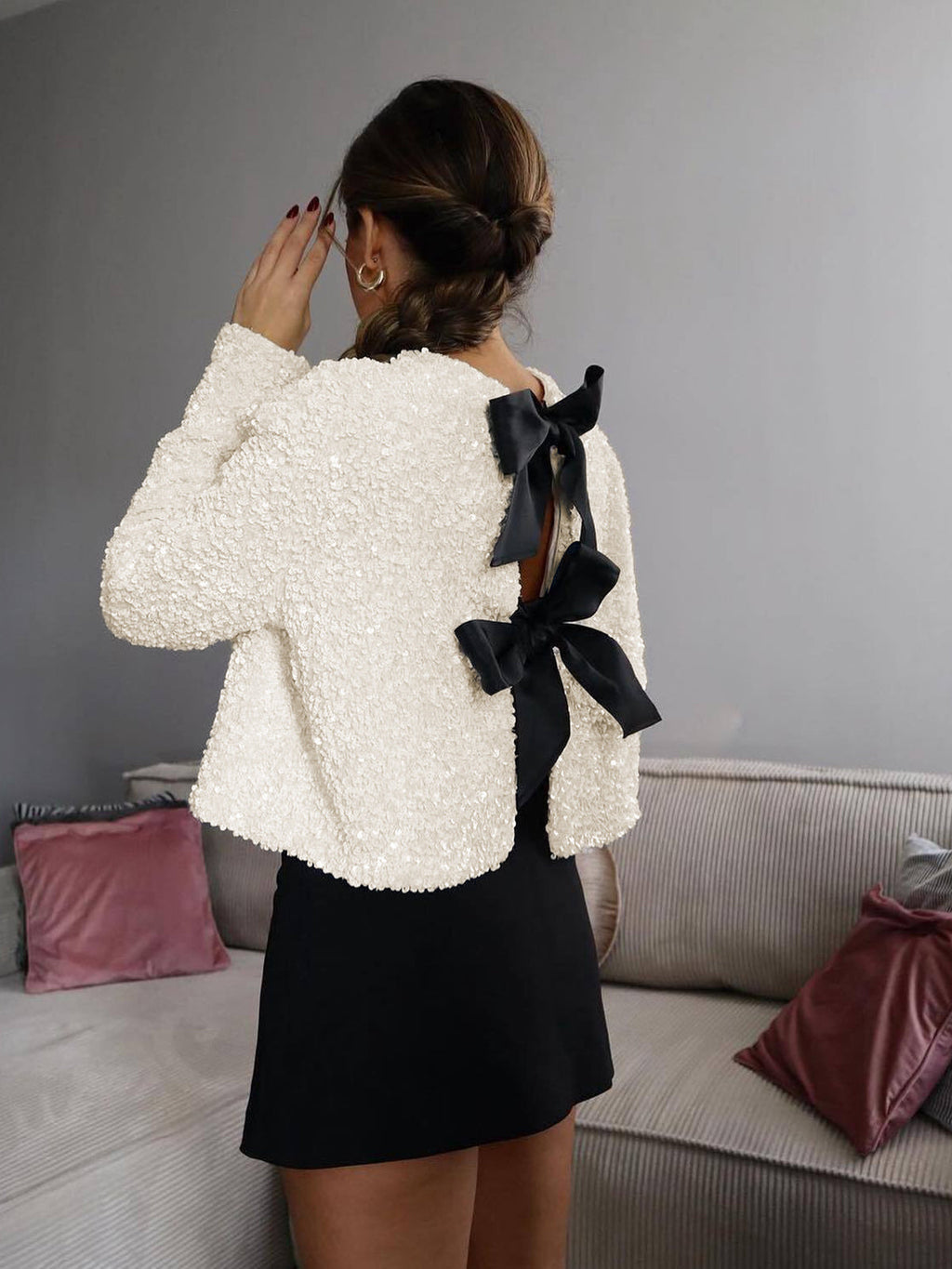 Sequin Jacket Cropped White Women's Velvet Bow Detail – Party, Office, Evening, Gift